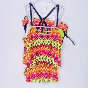 JUSTICE Neon Geometric Swim Tankini Bikini 2-Piece Swimsuit Girls Size 8